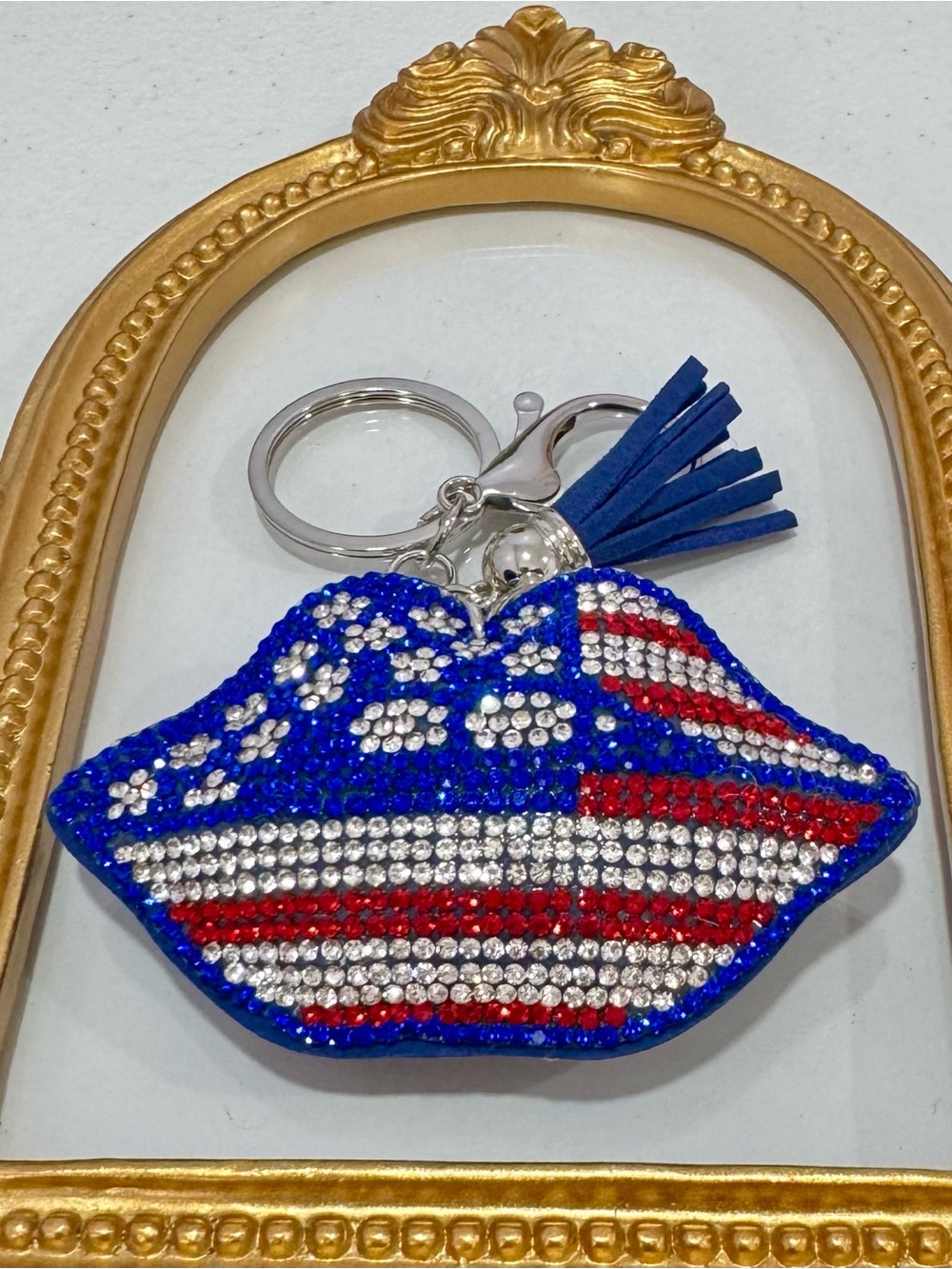 New Patriotic Crystal Lip Keychain with Tassel